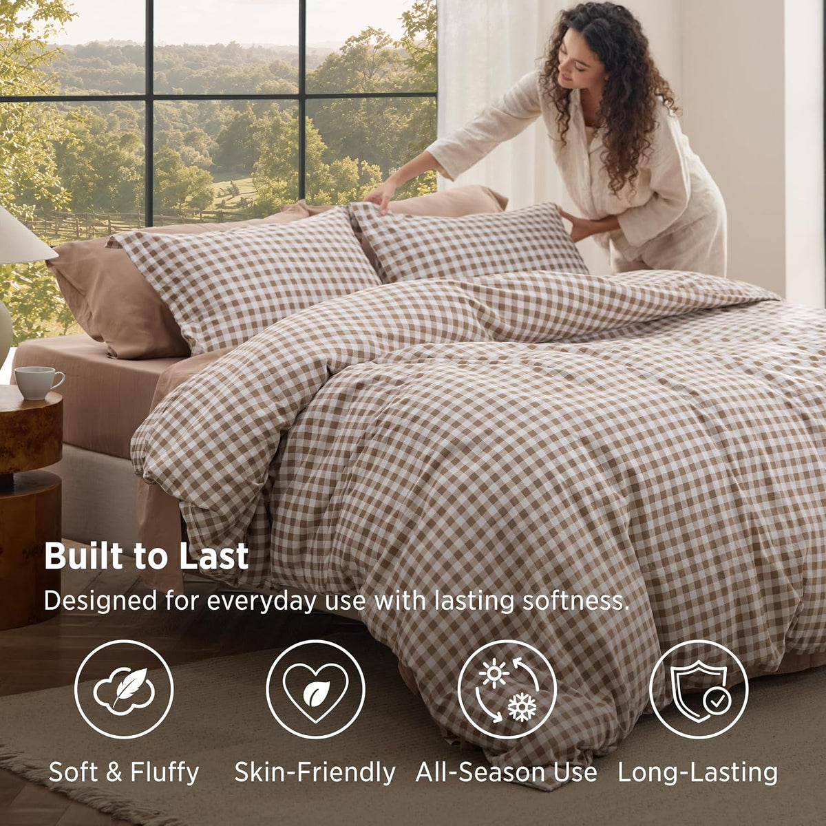 Bedsure Brown Gingham Comforter Set Queen Size, Soft Fall Bedding 3 pcs