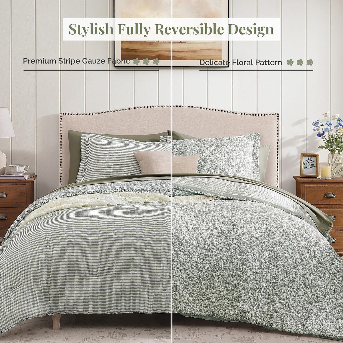 BLOOMHAVEN Queen Comforter Set-7 Pieces Green Plaid Floral Bedding Set