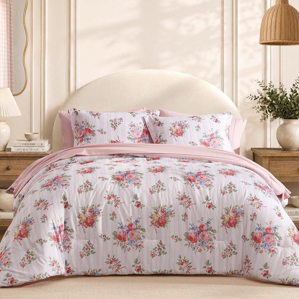 BLOOMHAVEN Full Size Comforter Sets-7 Pieces Rose Floral Bed in a Bag