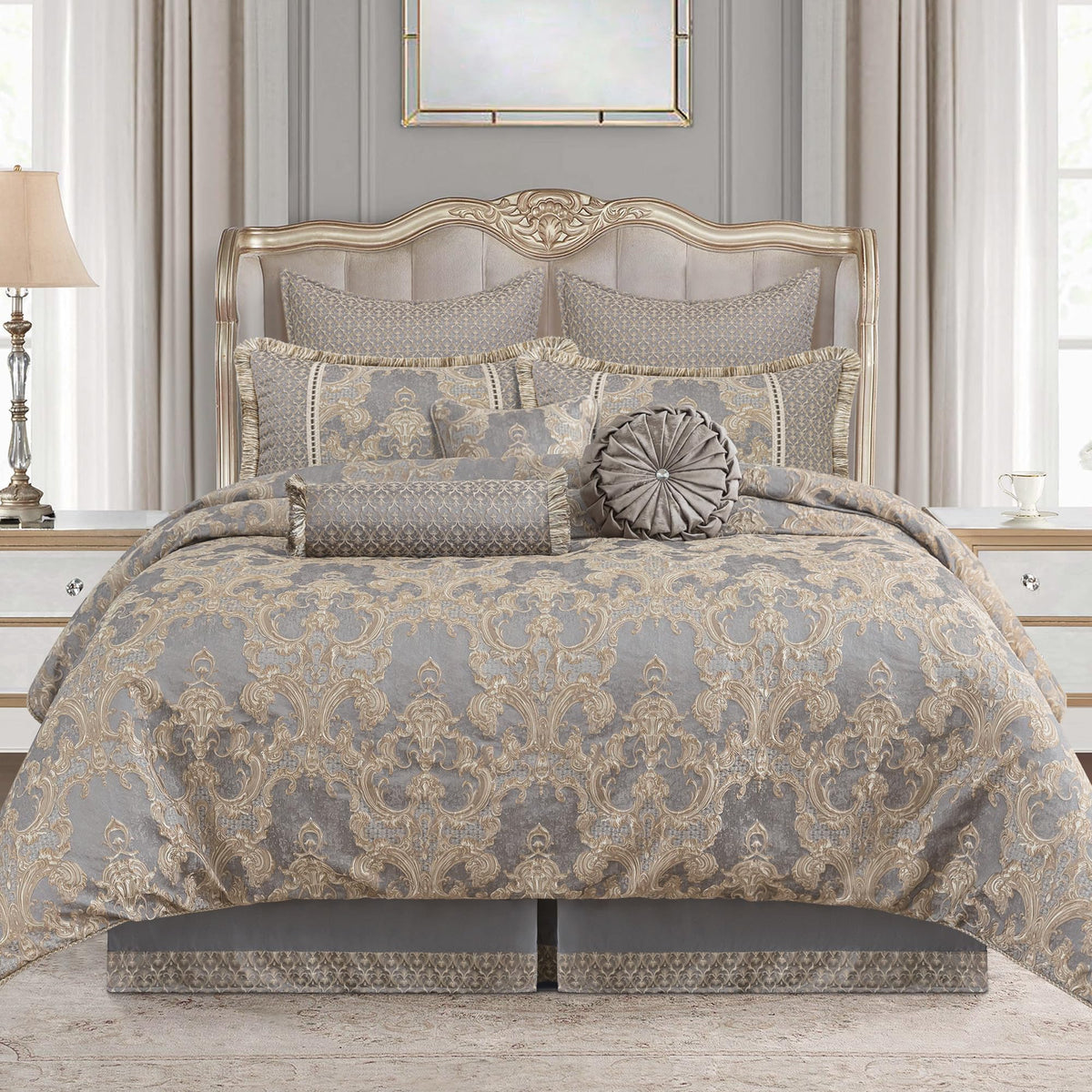 Loom and Mill 9-Piece Luxury Jacquard Comforter Set, Gray+Beige Brown, King