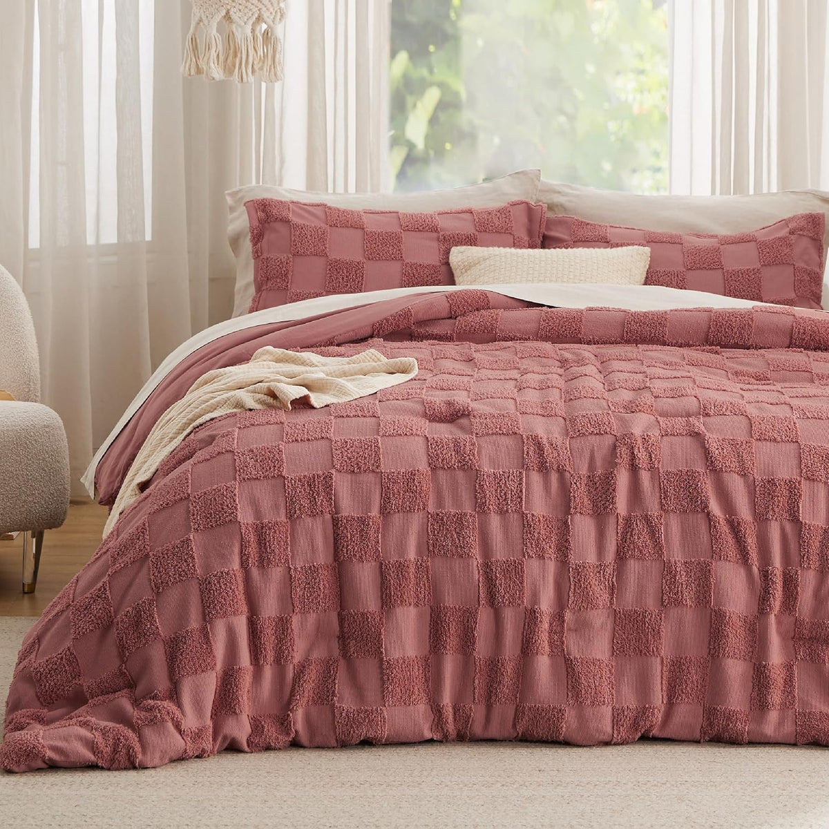 Bedsure Comforters Queen Set Boho, Vintage Plaid Bedding Set Beige 3 Pcs