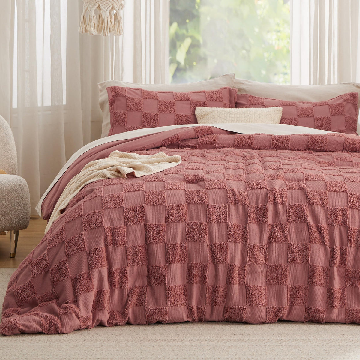 Bedsure Comforters Queen Set Boho, Vintage Plaid Bedding Set Beige 3 Pcs