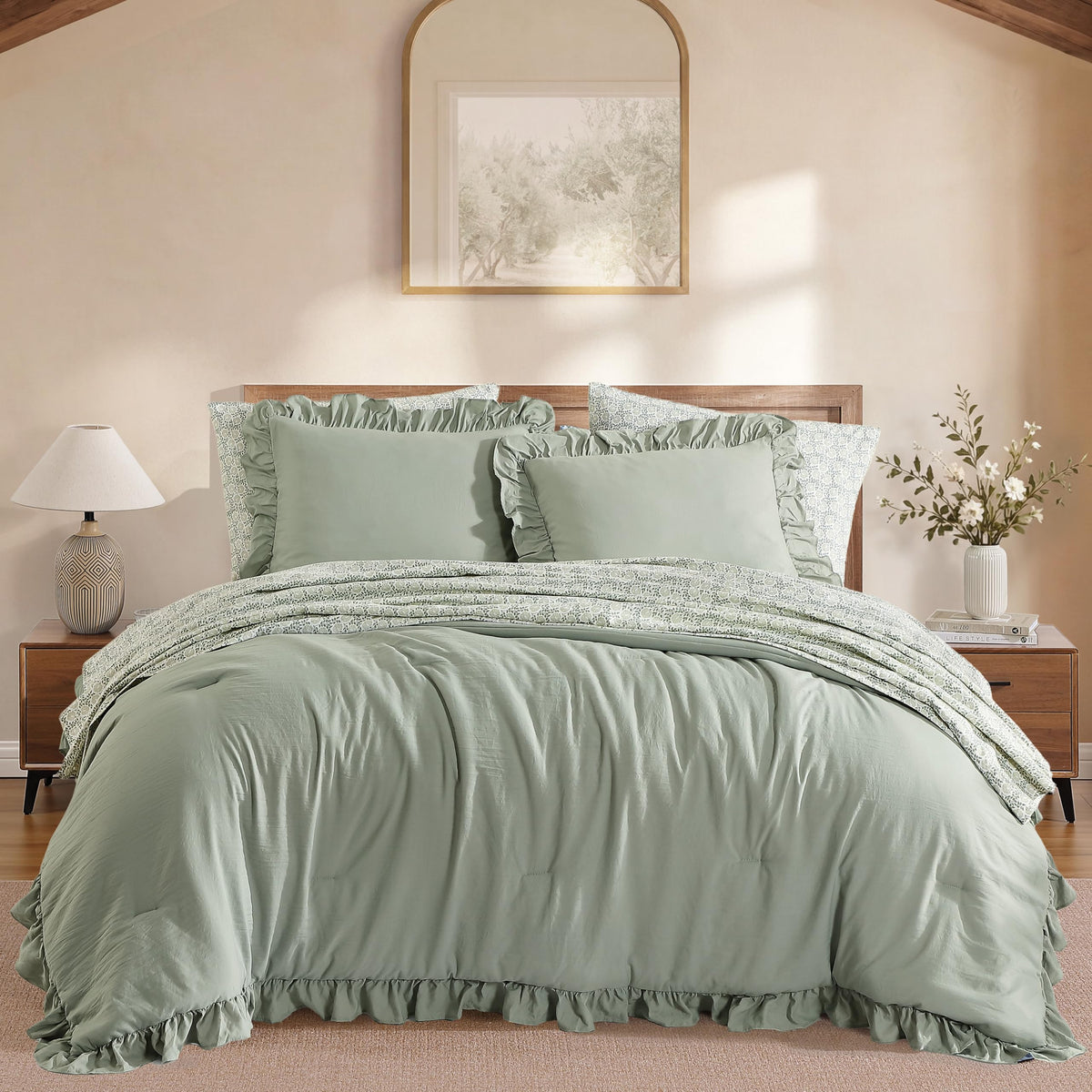 BLOOMHAVEN Queen Comforter Set-7 Pieces Ruffle Bedding with Floral Sheet