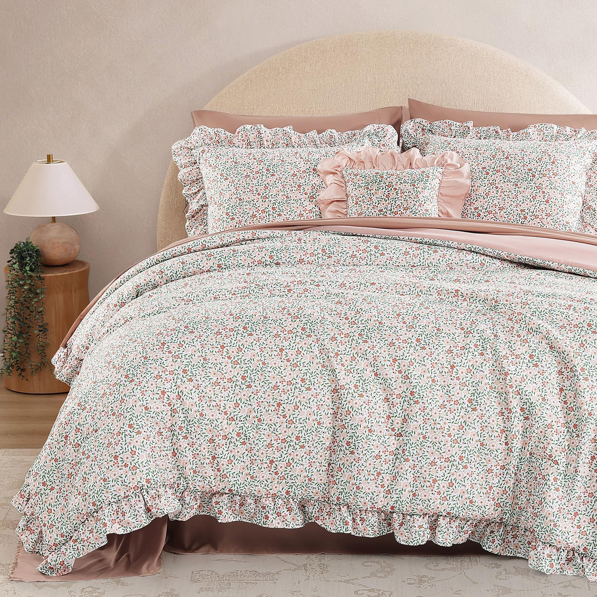 BLOOMHAVEN Queen Comforter Set-7 Pieces Ruffle Bedding with Floral Sheet