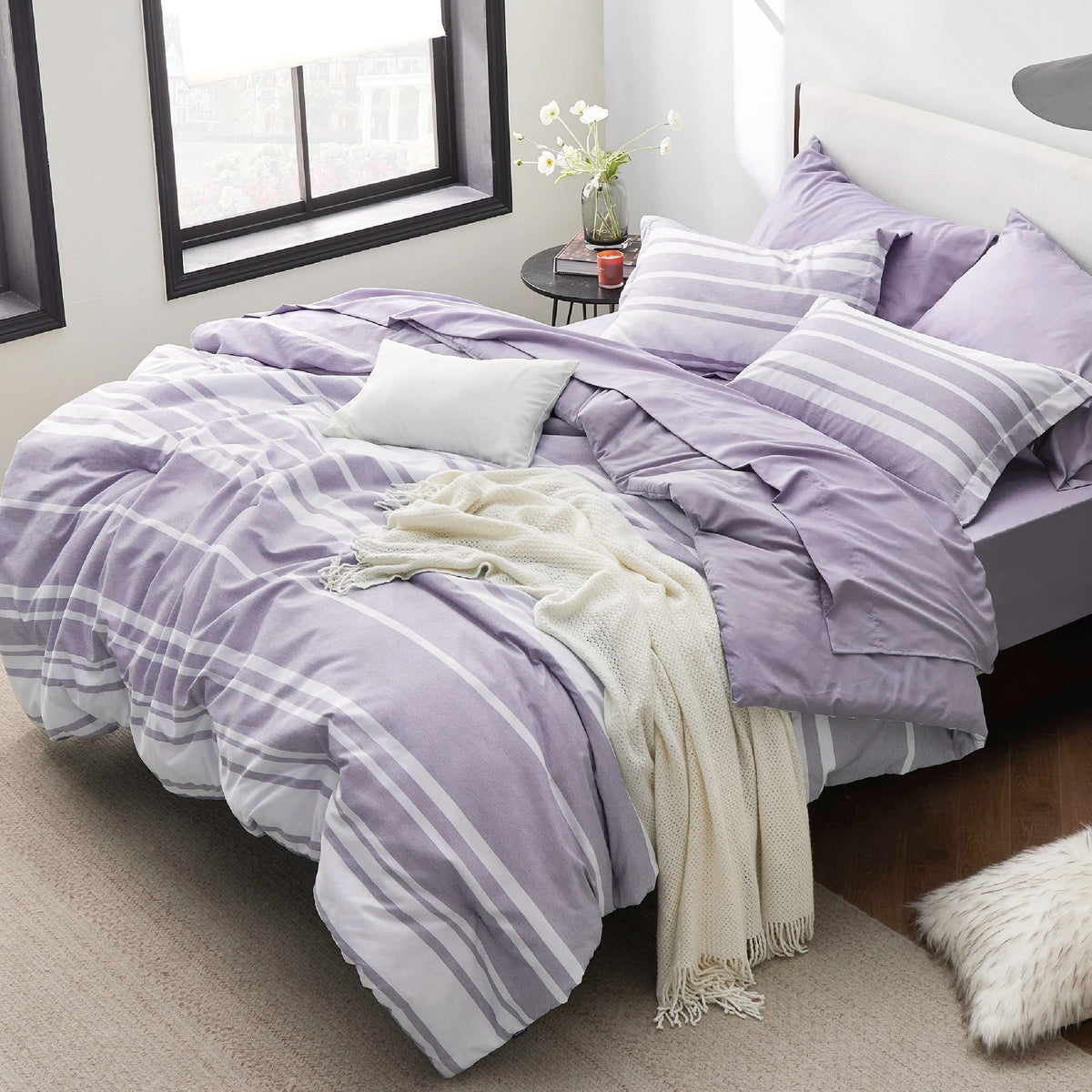 Bedsure Queen Comforter Set, Blue Striped Bedding Set, 7 Piece