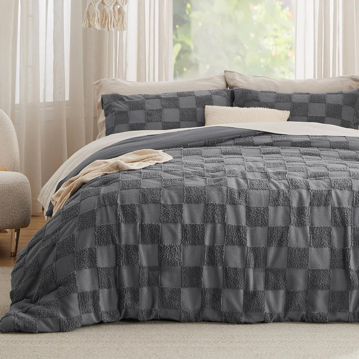 Bedsure Comforters Queen Set Boho, Vintage Plaid Bedding Set Beige 3 Pcs