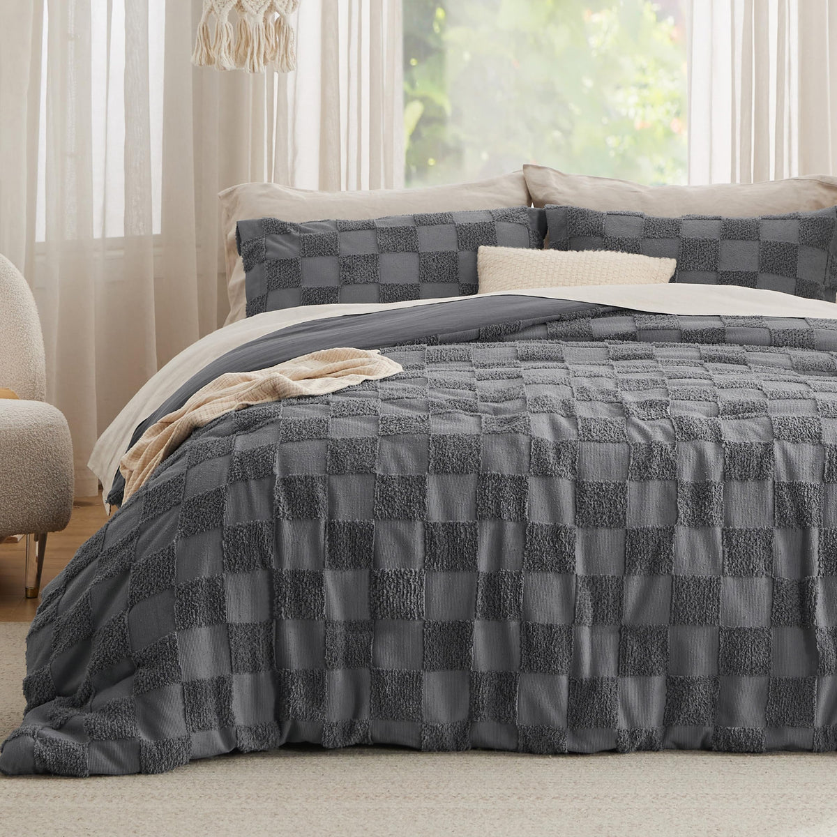 Bedsure Comforters Queen Set Boho, Vintage Plaid Bedding Set Beige 3 Pcs