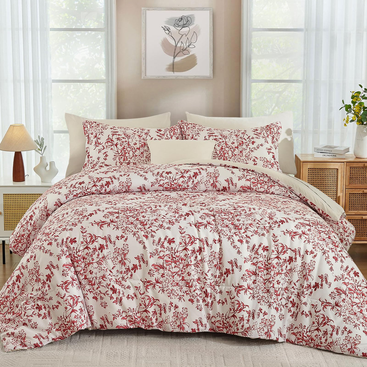 WONGS BEDDING 8 Pieces King Size Comforter Set Green,Sage Green Floral Bed in a Bag Comforter Sets, Soft Reversible Botanical Flowers Bedding Sets for All Season (90"x104")