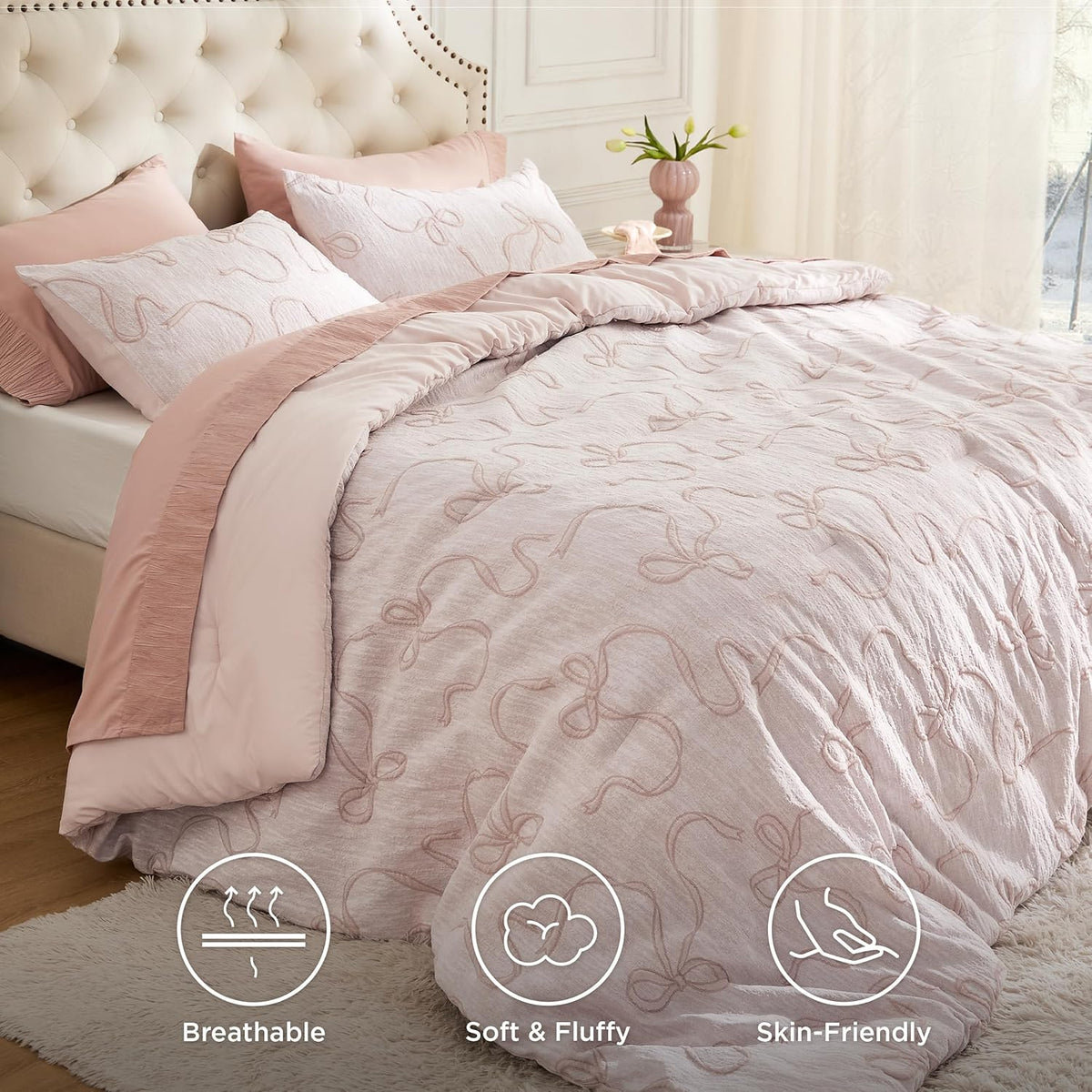Bedsure Pink Comforter Set Cute Bow Bedding Set Queen GentleSoft™ 3 Pieces