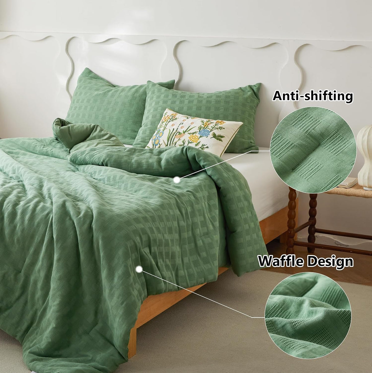 Simple&Opulence 100% Cotton Waffle Weaving Comforter Set-3 Pieces Bedding Set(1 Comforter and 2 Pillowcases), Lightweight Soft Breathable Comforter Bed Sets for All Season(Forest Green, Queen)