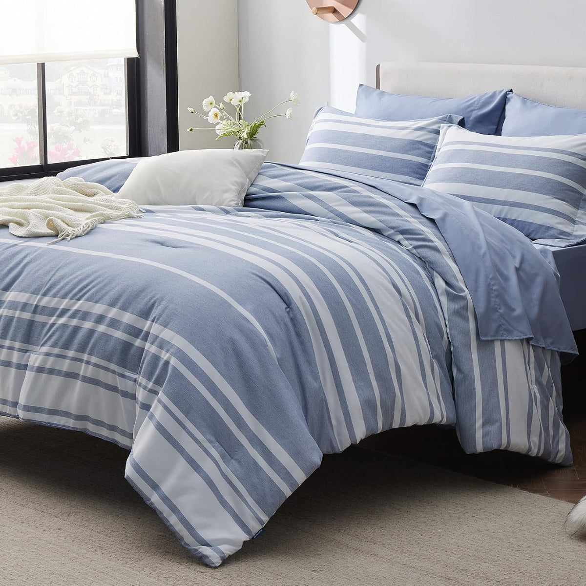 Bedsure Queen Comforter Set, Blue Striped Bedding Set, 7 Piece