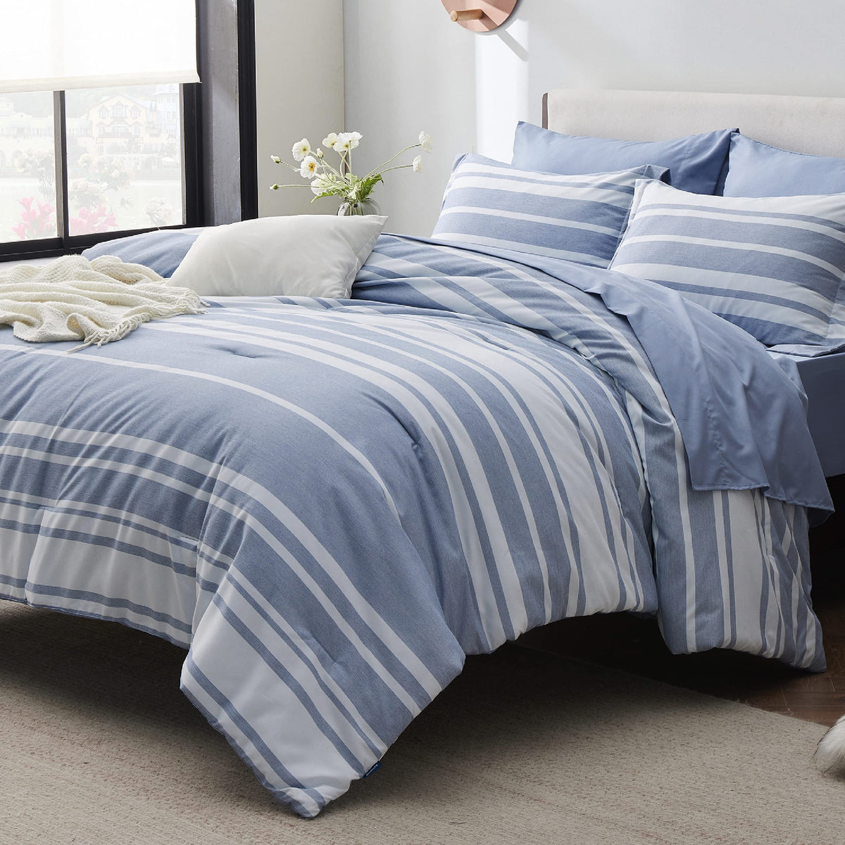 Bedsure Queen Comforter Set, Blue Striped Bedding Set, 7 Piece