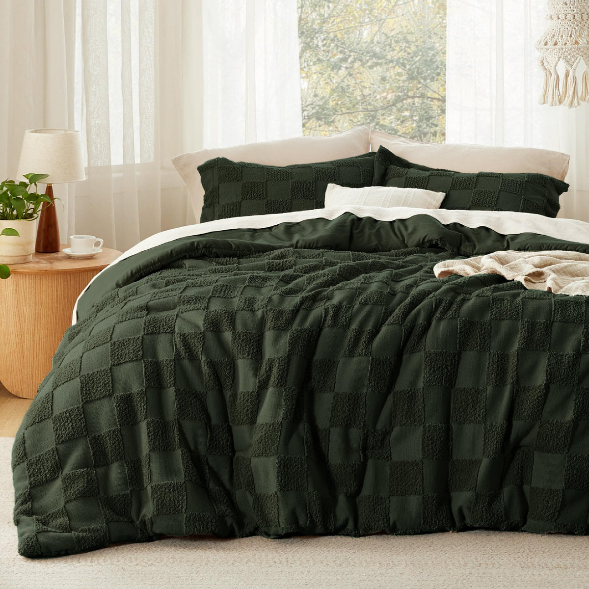 Bedsure Comforters Queen Set Boho, Vintage Plaid Bedding Set Beige 3 Pcs