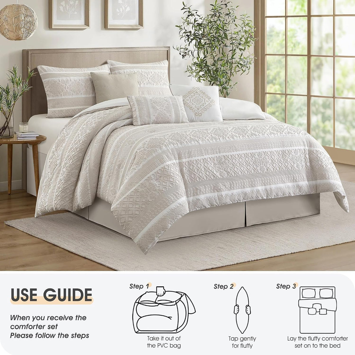LANCO MODERN LIFESTYLE 7 Piece King Comforter Set, Beige, Elegant Jacquard with Patchwork, Stylish and Cozy Bedding Collection, Premium Bedding Set with Bedskirt, Shams and Pillows