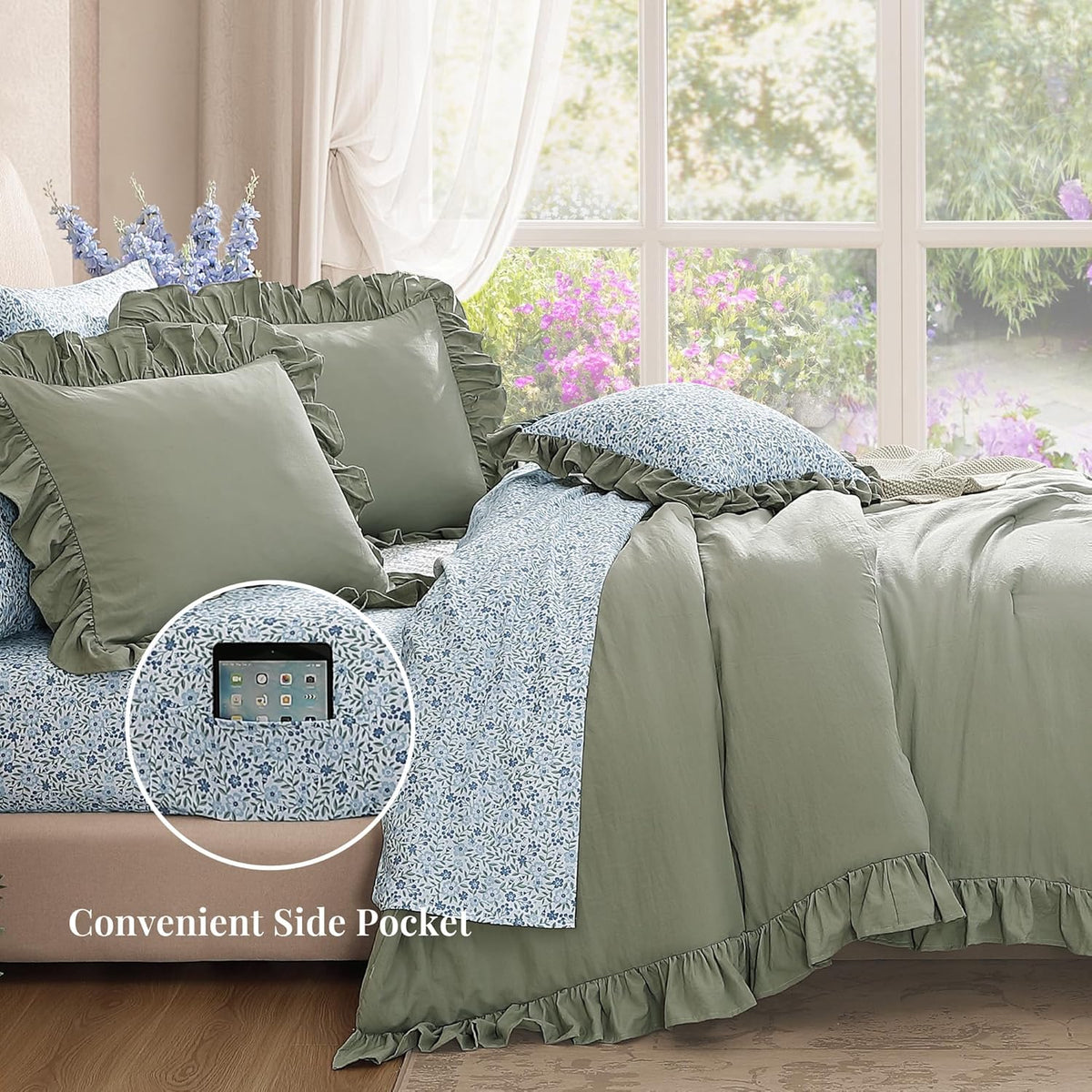 BLOOMHAVEN Queen Comforter Set-7 Pieces Ruffle Bedding with Floral Sheet