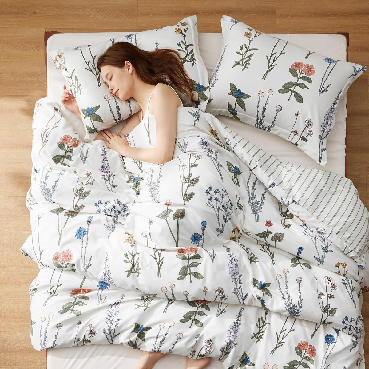 Bedsure Floral Queen Comforter Set, White Breathable Fall Bedding 3 Pcs