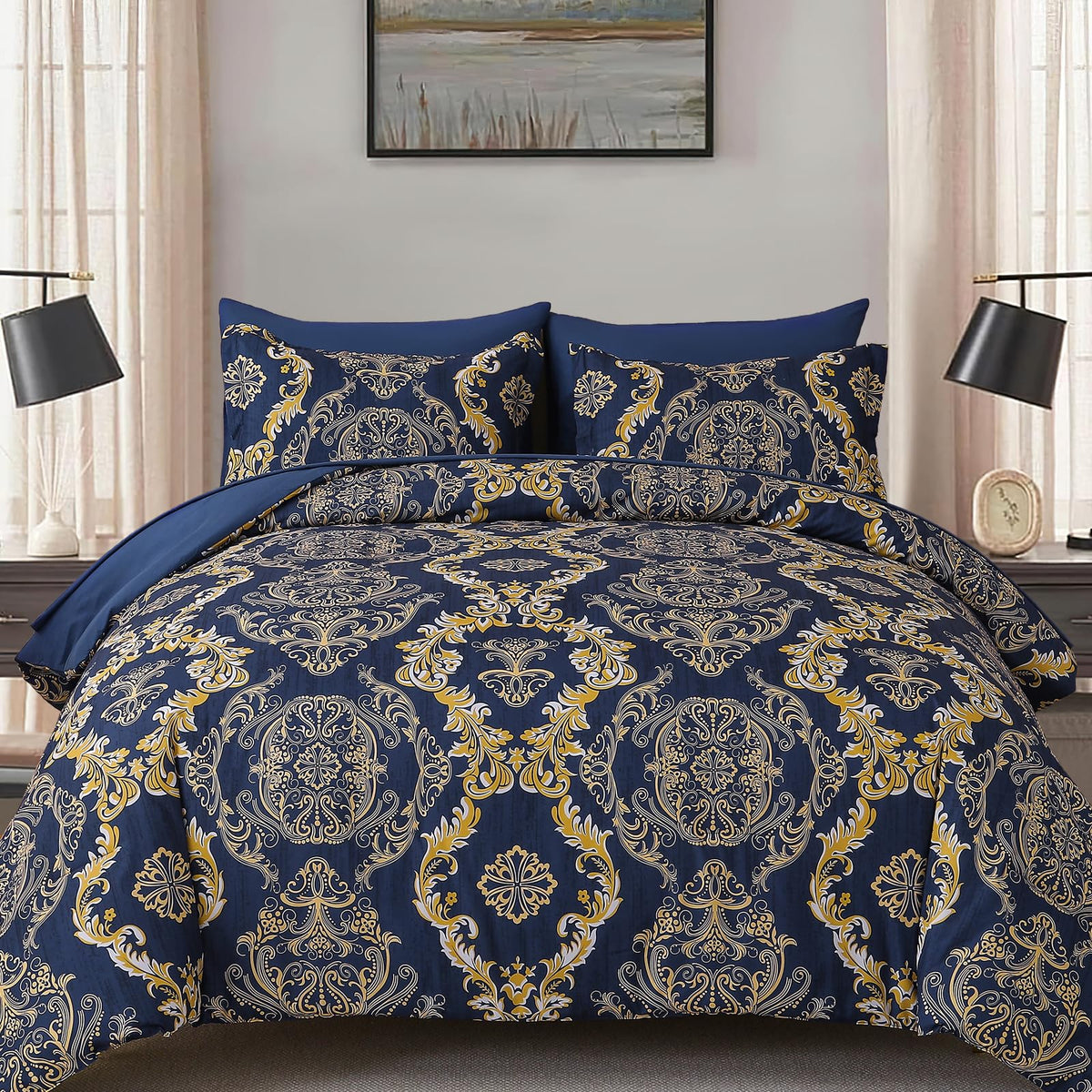 WONGS BEDDING Black Comforter Set King Size, Gold Damask Texture 7 Pieces Bed in a Bag Microfiber Comforter Bedding Sets -1 Comforter, 1 Flat Sheet, 1 Fitted Sheet, 2 Pillow Shams, 2 Pillowcases