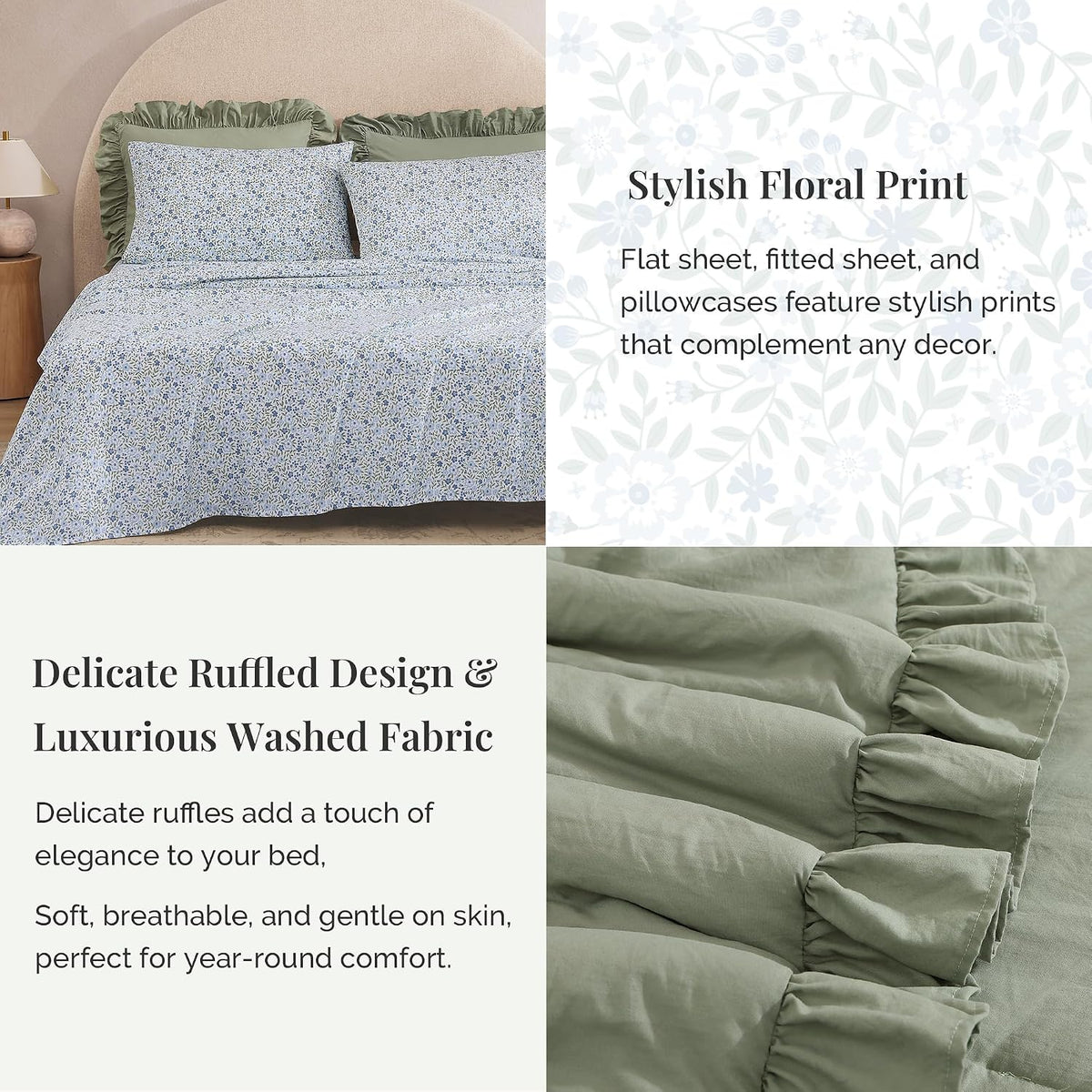 BLOOMHAVEN Queen Comforter Set-7 Pieces Ruffle Bedding with Floral Sheet