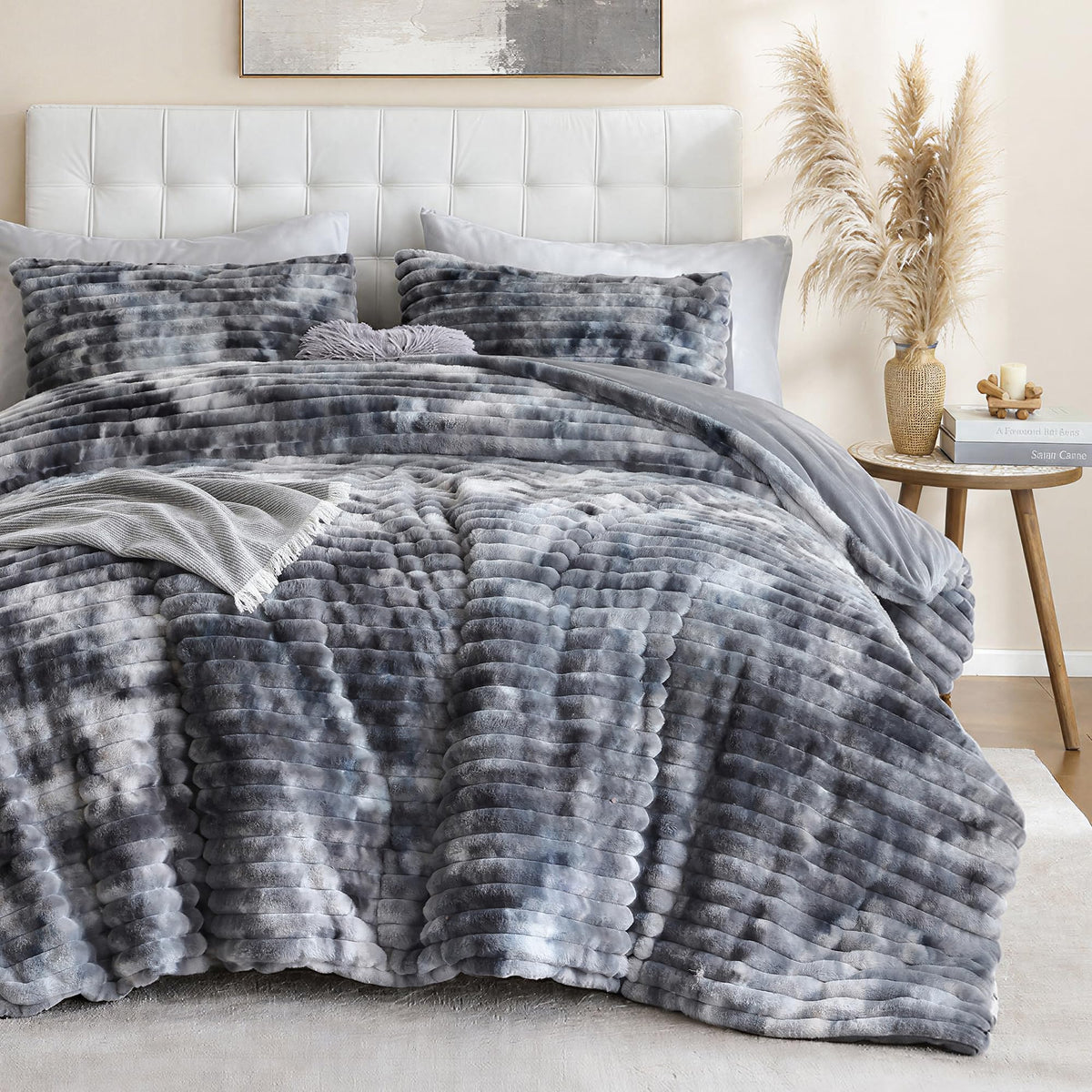 Smoofy Fluffy Queen Size Comforter 3 PCS - Tie Dye Grey Fleece Bedding Set