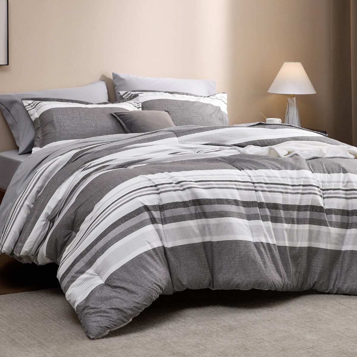 Bedsure Queen Comforter Set, Blue Striped Bedding Set, 7 Piece