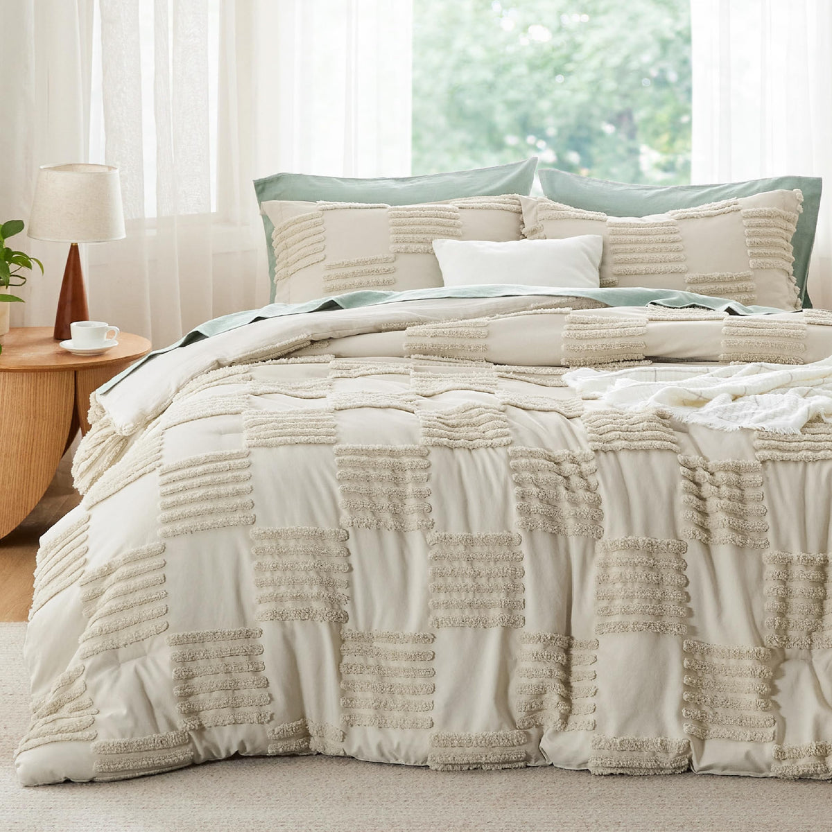 Bedsure Comforters Queen Set Boho, Vintage Plaid Bedding Set Beige 3 Pcs