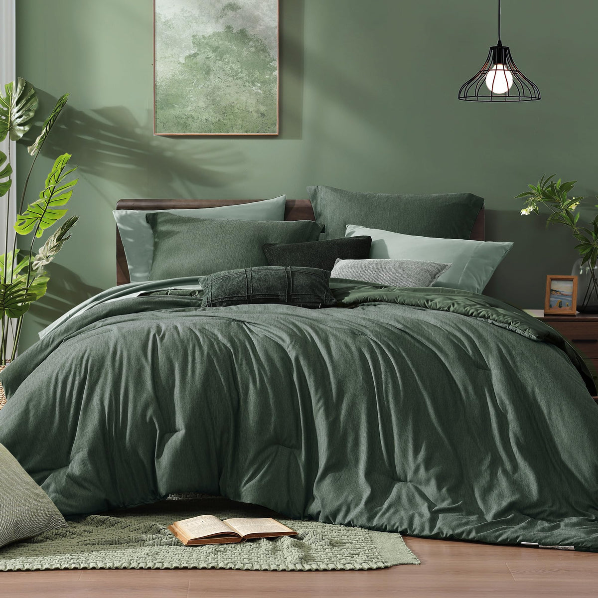 Monbix Queen Comforter Set 7 Pieces Cationic Green Bed in a Bag