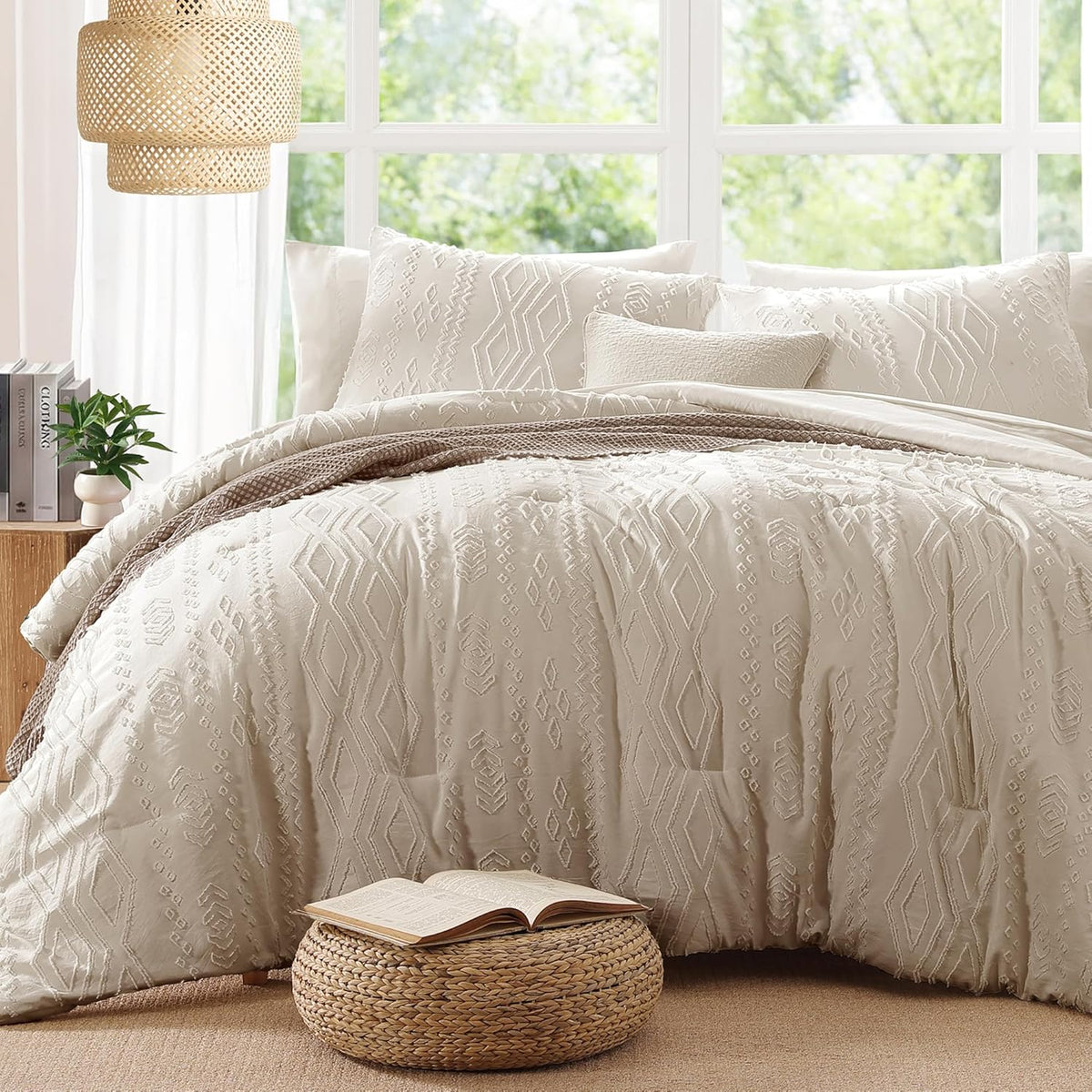 King Size Comforter Set Beige Tufted Boho Bedding Sets Farmhouse 7 Pieces