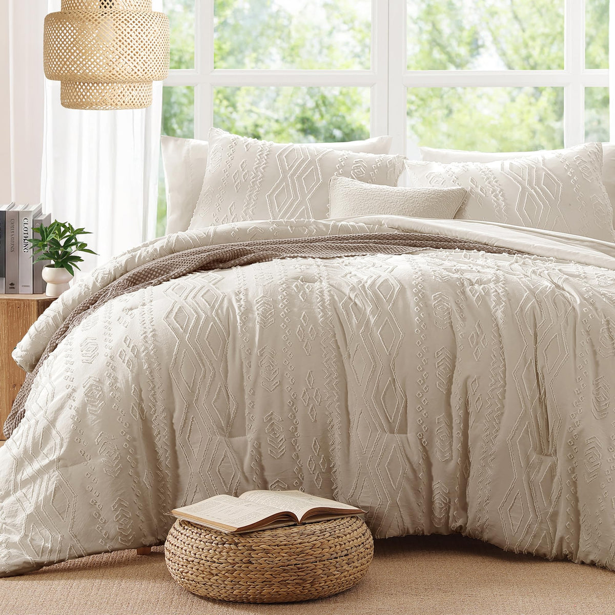 King Size Comforter Set Beige Tufted Boho Bedding Sets Farmhouse 7 Pieces