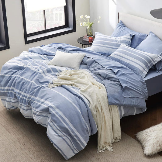 Bedsure Queen Comforter Set, Blue Striped Bedding Set, 7 Piece