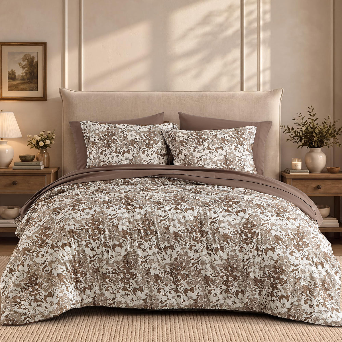 BLOOMHAVEN Full Size Comforter Sets-7 Pieces Rose Floral Bed in a Bag