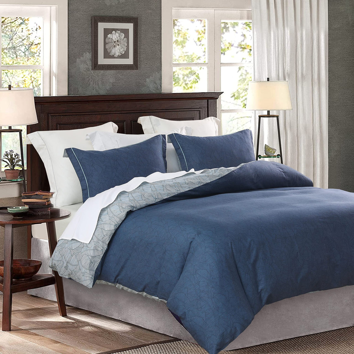 SLEEPBELLA Comforter Queen Size, 600 Thread Count Cotton Brown Branches and Blue Flowers Off-White Comforter Sets, Down Alternative Bedding Set 3Pcs(Queen, Off-White Botanical)