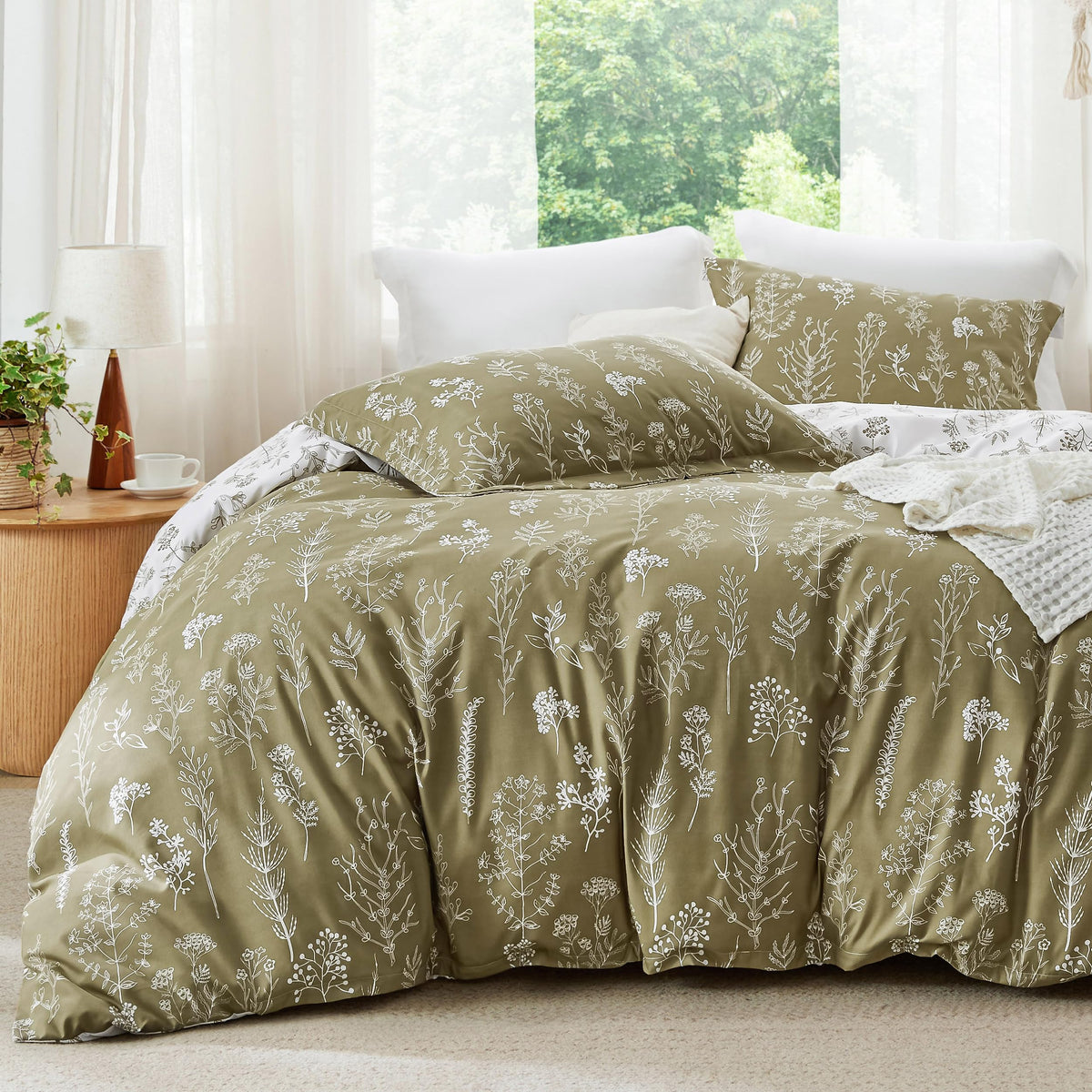 Bedsure Floral Comforter Set Cute Bedding Set Queen Reversible Sage Green