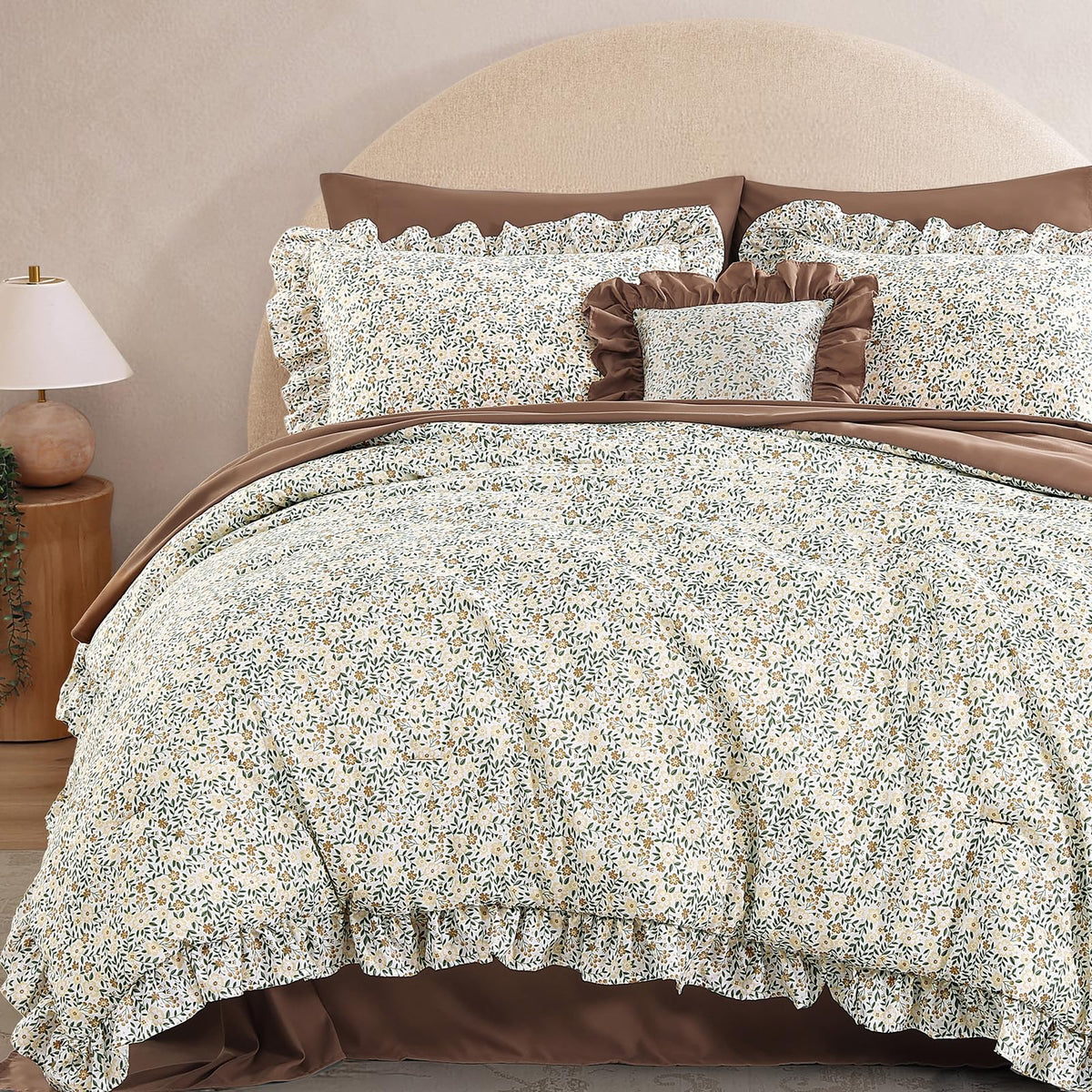 BLOOMHAVEN Queen Comforter Set-7 Pieces Ruffle Bedding with Floral Sheet