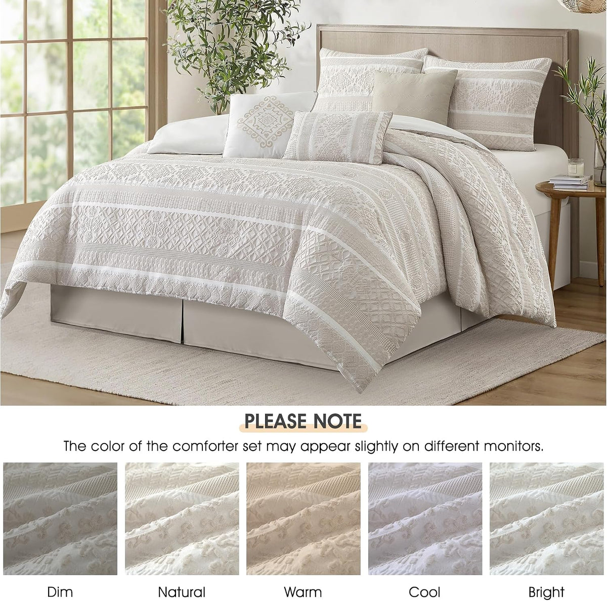 LANCO MODERN LIFESTYLE 7 Piece King Comforter Set, Beige, Elegant Jacquard with Patchwork, Stylish and Cozy Bedding Collection, Premium Bedding Set with Bedskirt, Shams and Pillows