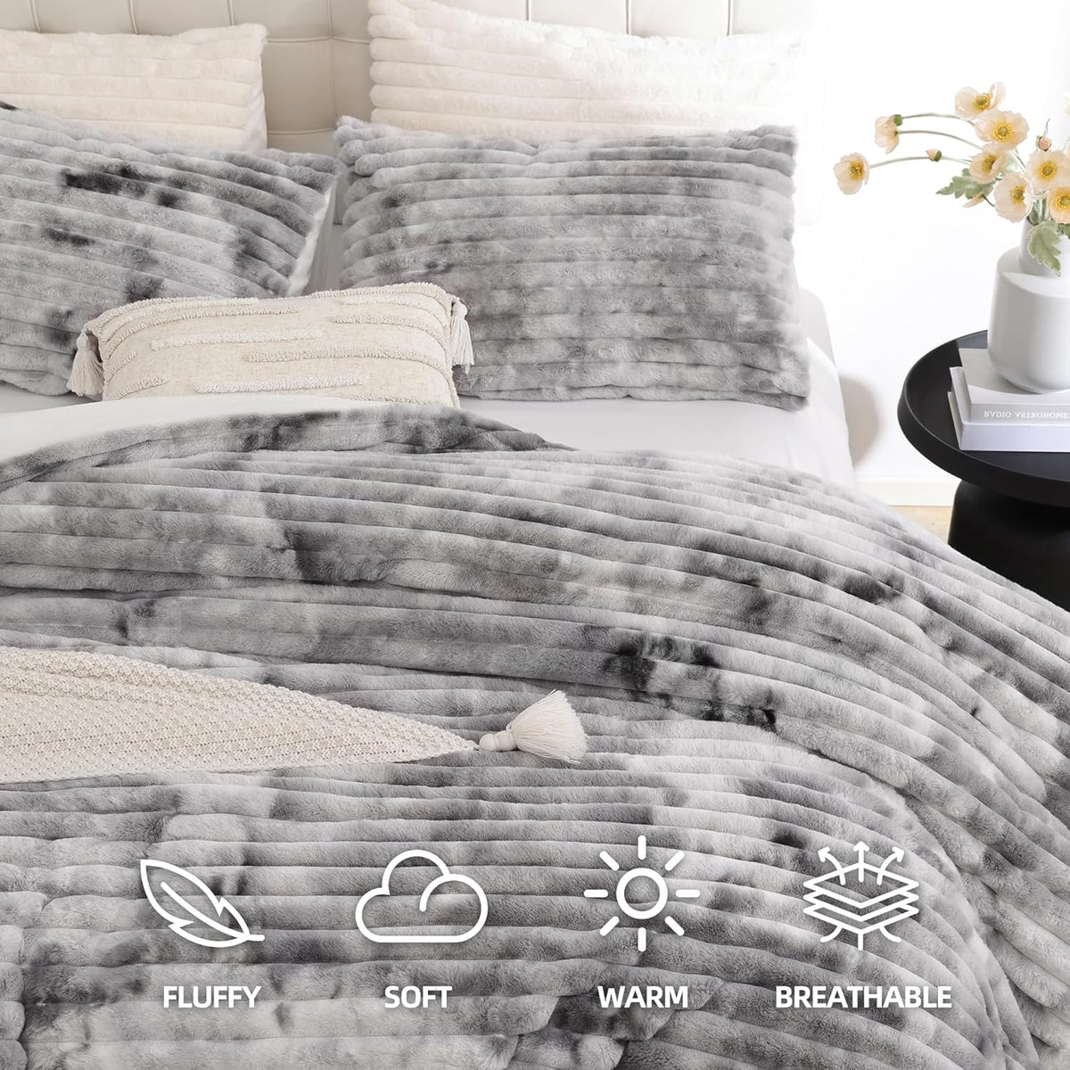 Smoofy Fluffy Queen Size Comforter 3 PCS - Tie Dye Grey Fleece Bedding Set