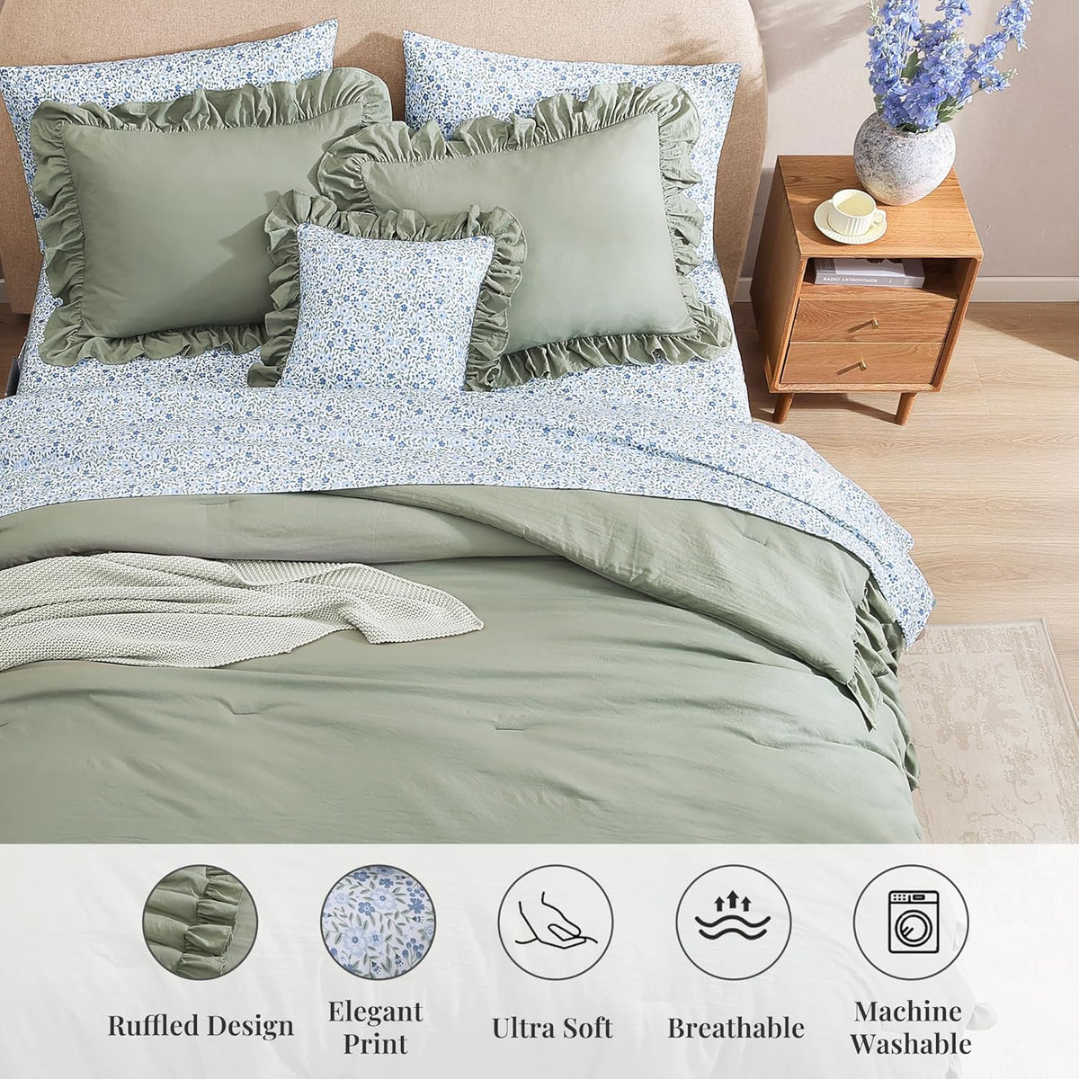 BLOOMHAVEN Queen Comforter Set-7 Pieces Ruffle Bedding with Floral Sheet
