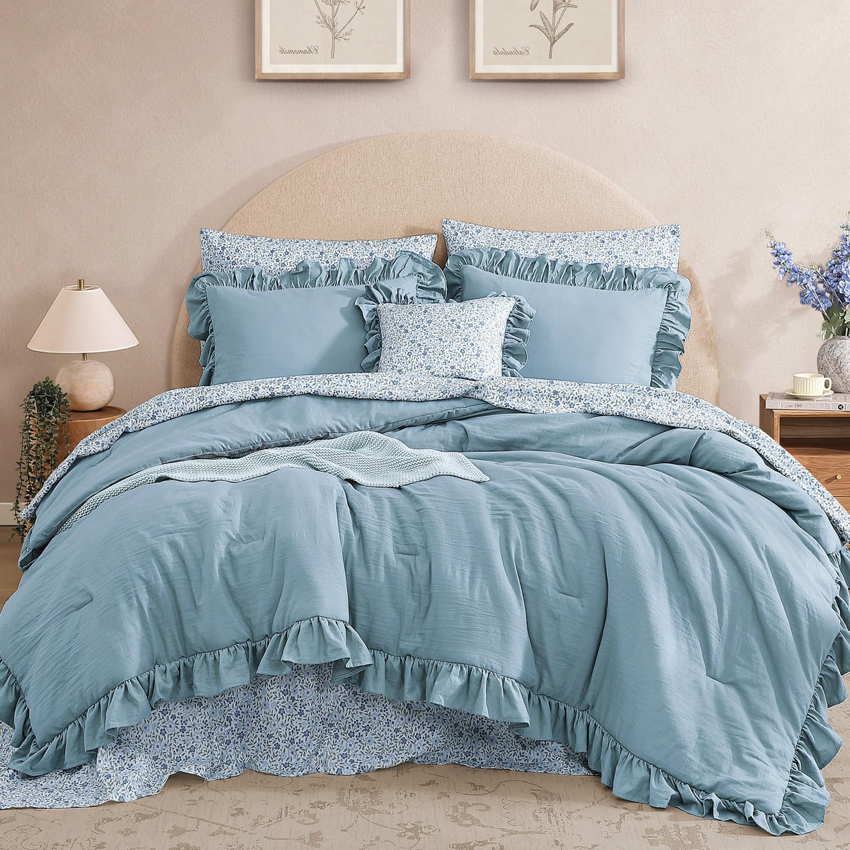 BLOOMHAVEN Queen Comforter Set-7 Pieces Ruffle Bedding with Floral Sheet