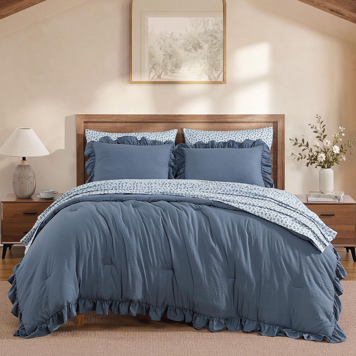 BLOOMHAVEN Queen Comforter Set-7 Pieces Ruffle Bedding with Floral Sheet