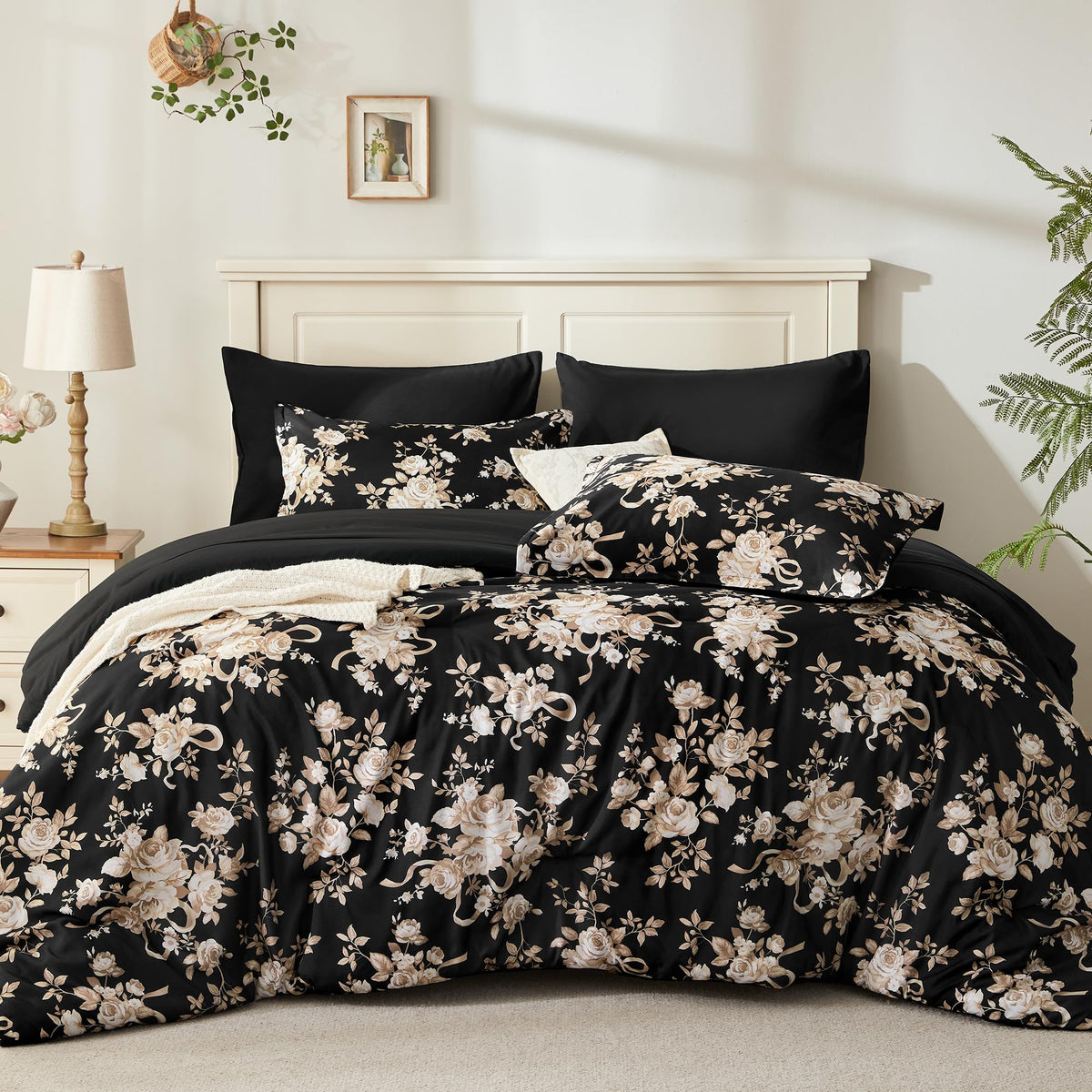 Andency Floral Comforter Queen Set, 7 Pieces Green Rose Flower Bedding Set