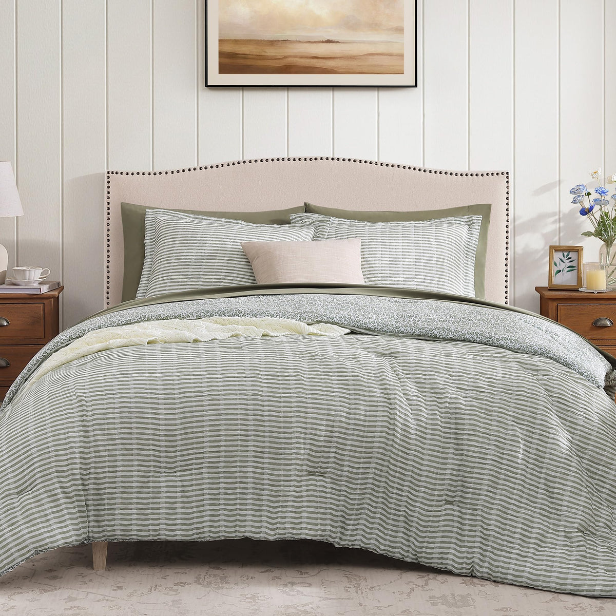 BLOOMHAVEN Queen Comforter Set-7 Pieces Green Plaid Floral Bedding Set