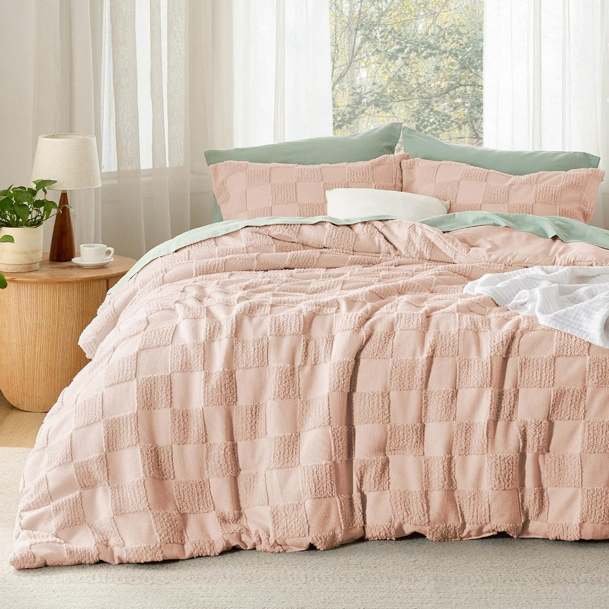 Bedsure Comforters Queen Set Boho, Vintage Plaid Bedding Set Beige 3 Pcs