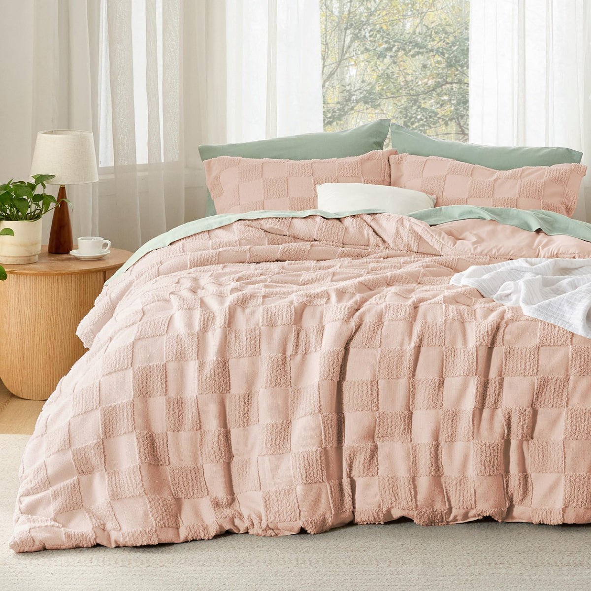 Bedsure Comforters Queen Set Boho, Vintage Plaid Bedding Set Beige 3 Pcs