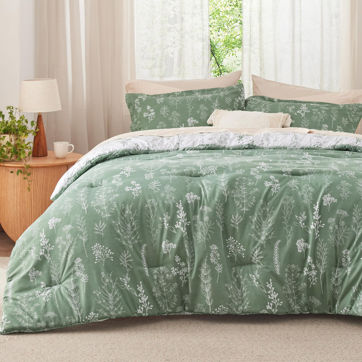 Bedsure Floral Comforter Set Cute Bedding Set Queen Reversible Sage Green