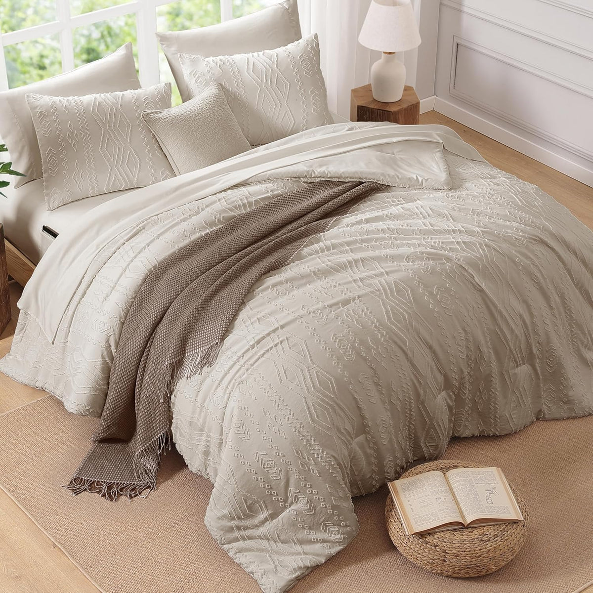 King Size Comforter Set Beige Tufted Boho Bedding Sets Farmhouse 7 Pieces