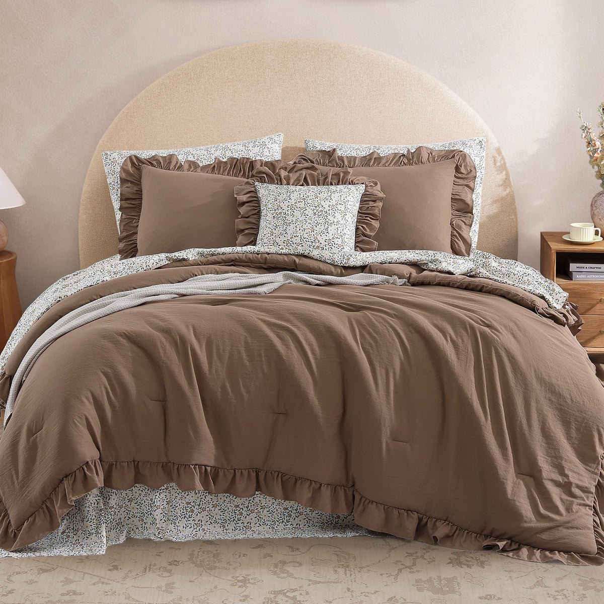 BLOOMHAVEN Queen Comforter Set-7 Pieces Ruffle Bedding with Floral Sheet