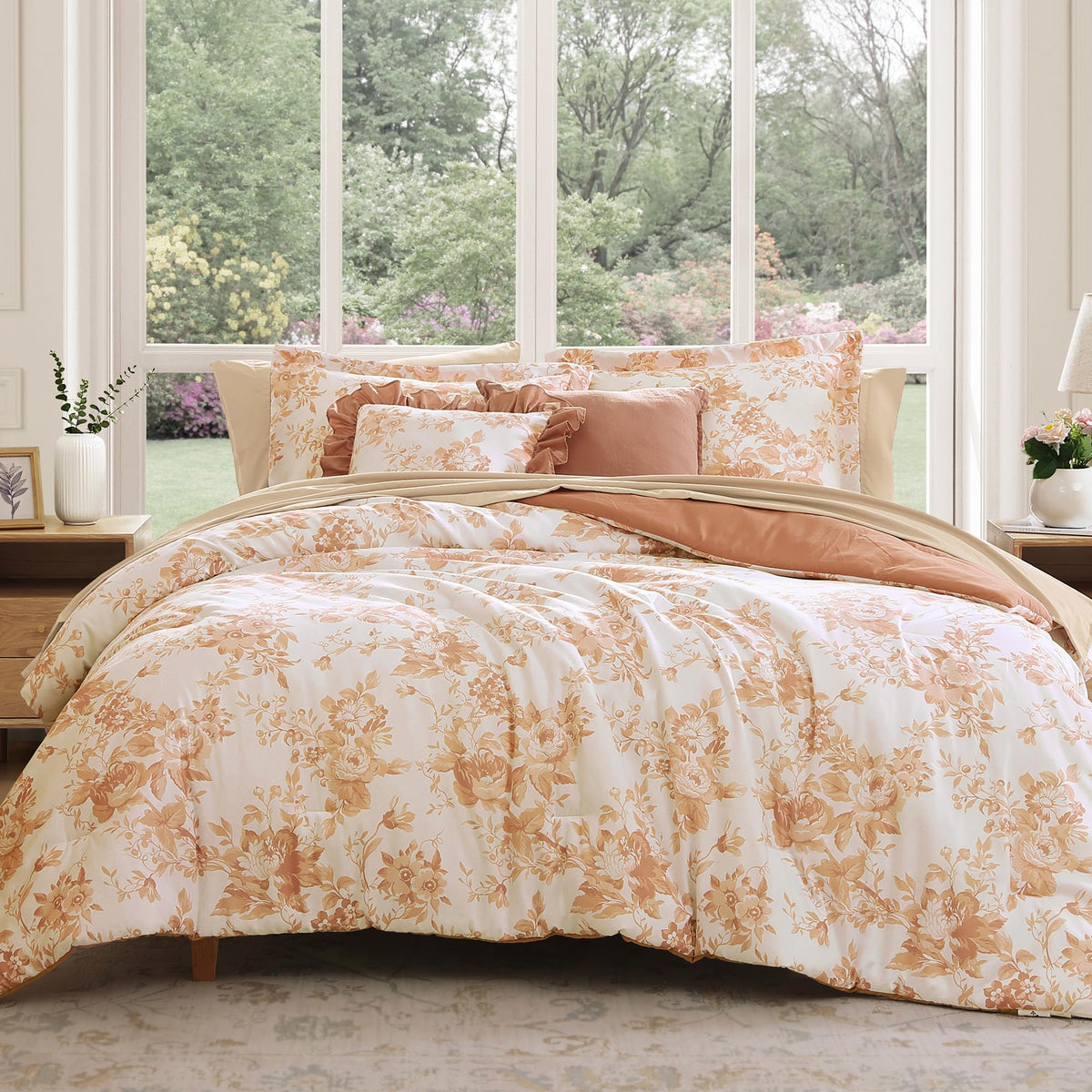 BLOOMHAVEN Full Size Comforter Sets-7 Pieces Rose Floral Bed in a Bag