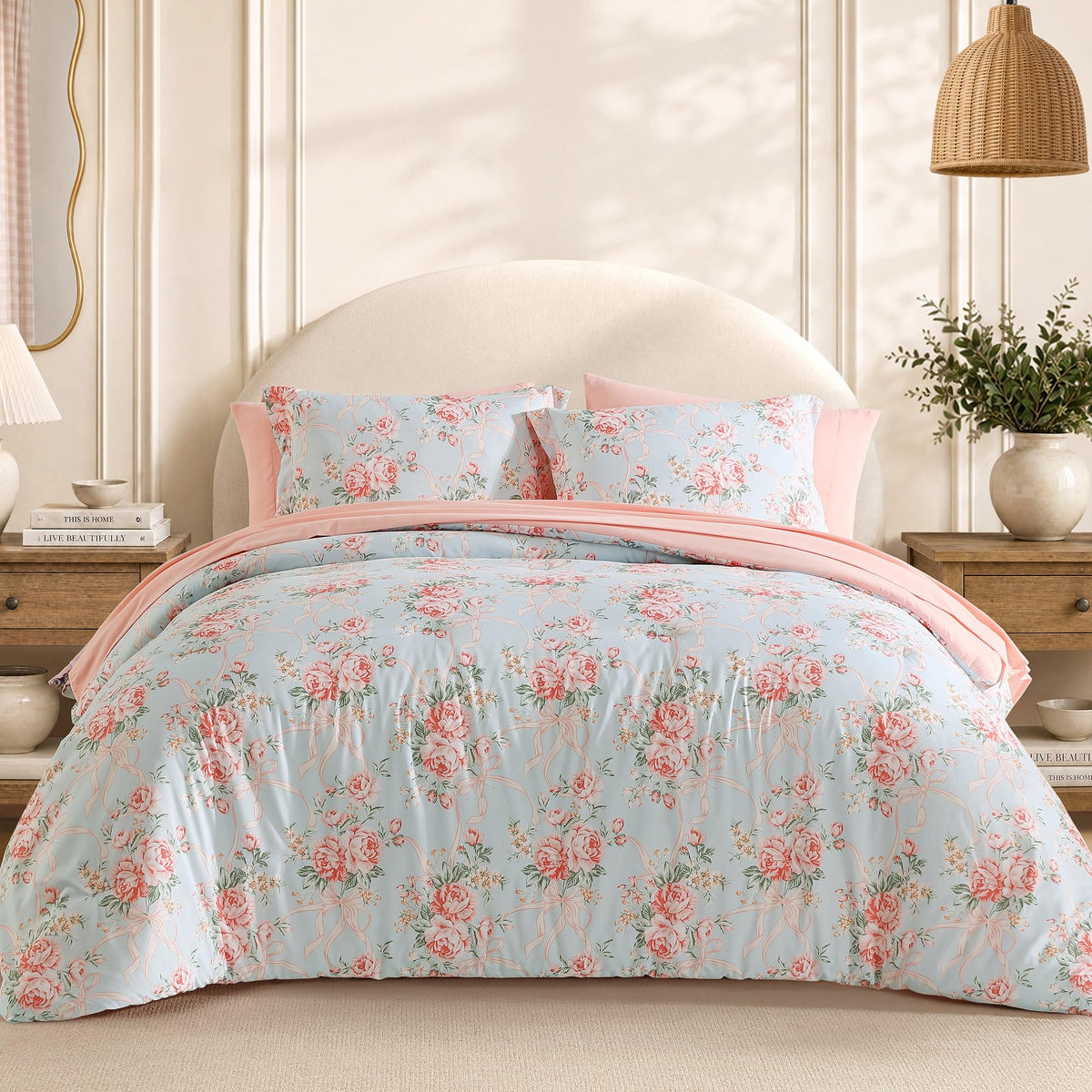 BLOOMHAVEN Full Size Comforter Sets-7 Pieces Rose Floral Bed in a Bag