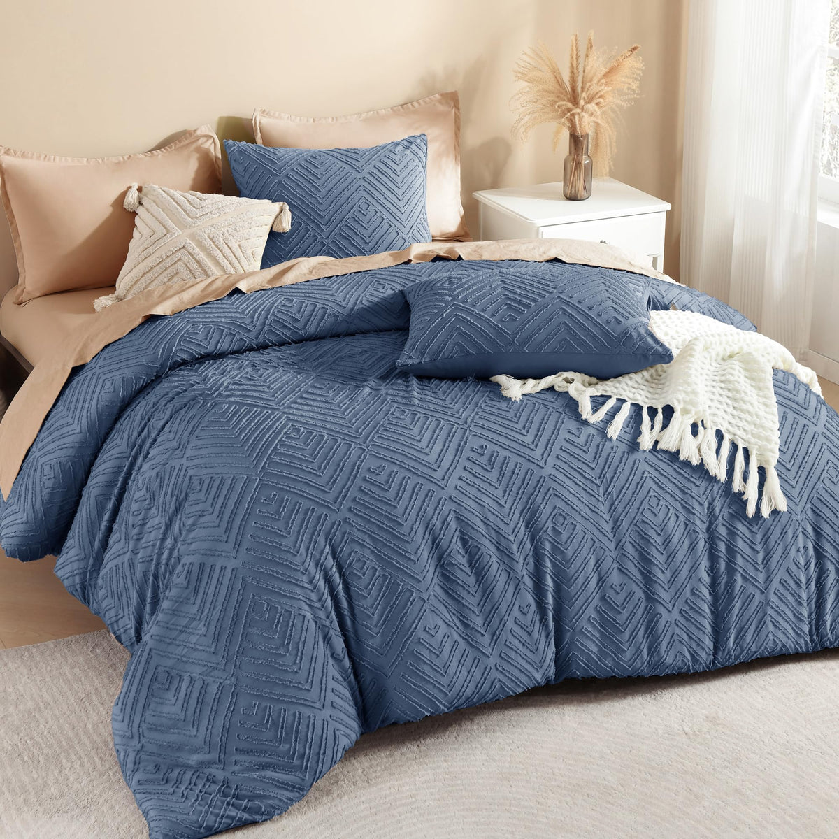 Litanika California King Comforter Set, 3 Pcs Beige Tufted Boho Bedding Set