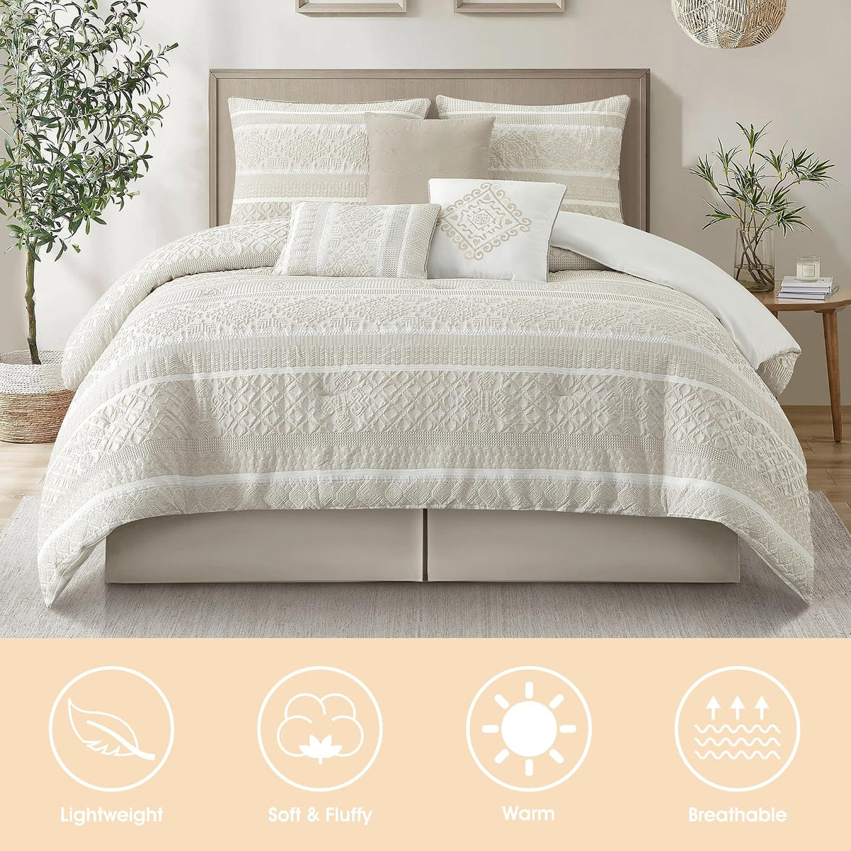 LANCO MODERN LIFESTYLE 7 Piece King Comforter Set, Beige, Elegant Jacquard with Patchwork, Stylish and Cozy Bedding Collection, Premium Bedding Set with Bedskirt, Shams and Pillows