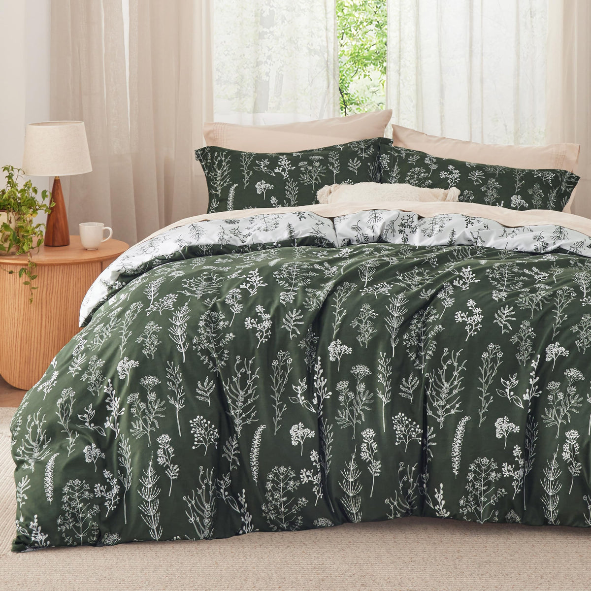 Bedsure Floral Comforter Set Cute Bedding Set Queen Reversible Sage Green